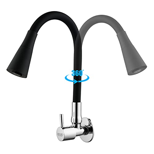 SPAZIO Turbo Brass Sink Cock Tap/Sink Faucet with Black 360 Degree Flexible Silicon Swivel Spout & Dual Flow Pattern, Hot/Cold Water for Kitchen Sink, Wash Basin, Chrome Finish with Wall Flange - Image 2