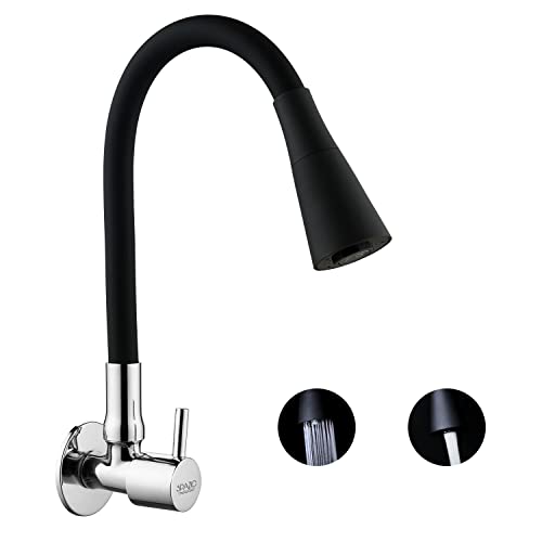 SPAZIO Turbo Brass Sink Cock Tap/Sink Faucet with Black 360 Degree Flexible Silicon Swivel Spout & Dual Flow Pattern, Hot/Cold Water for Kitchen Sink, Wash Basin, Chrome Finish with Wall Flange - Image 1