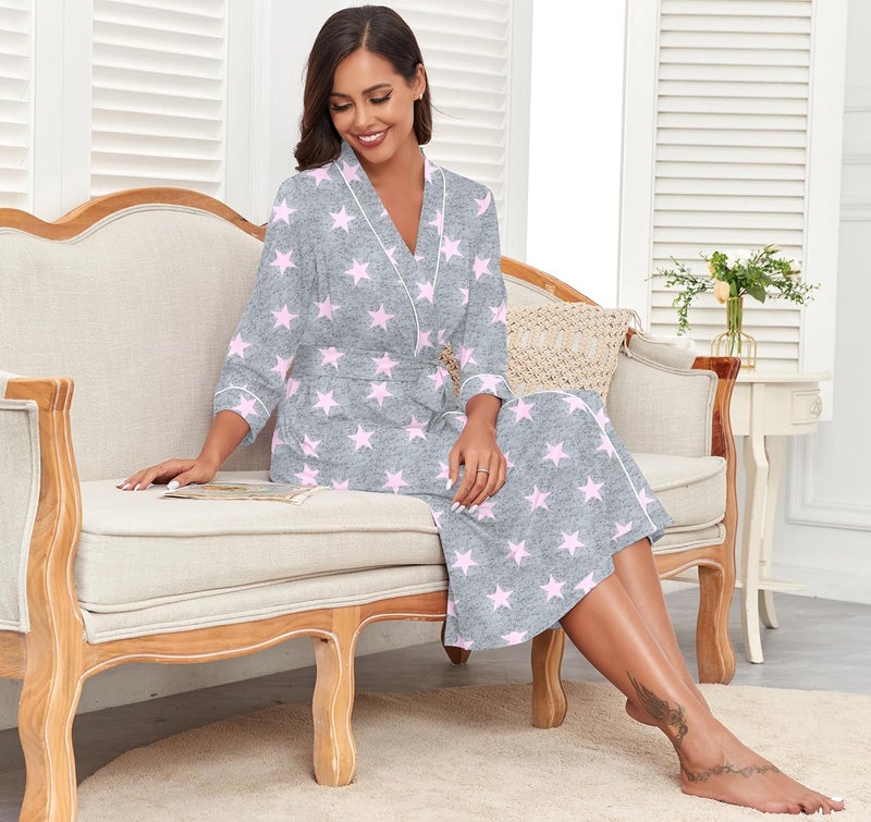 PrinStory Womens Robe Long Kint Bathrobe Lightweight Soft Robes Ladies Bath Robe Pink Star-M - Image 4