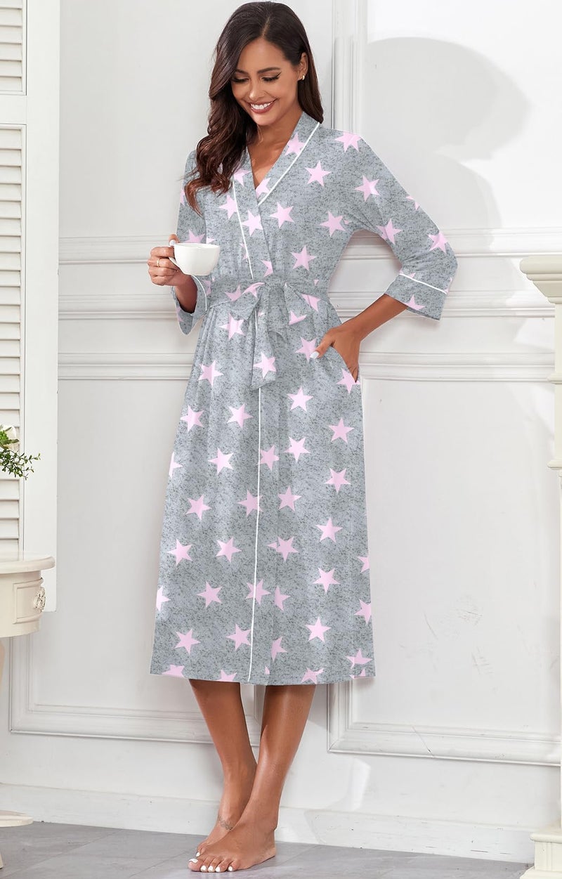 PrinStory Womens Robe Long Kint Bathrobe Lightweight Soft Robes Ladies Bath Robe Pink Star-M - Image 3
