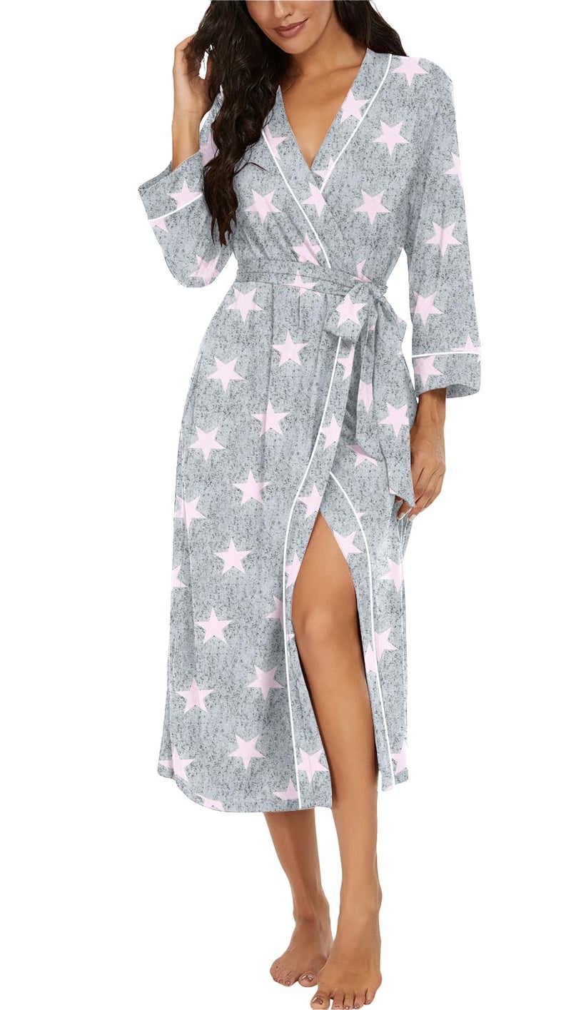 PrinStory Womens Robe Long Kint Bathrobe Lightweight Soft Robes Ladies Bath Robe Pink Star-M - Image 1