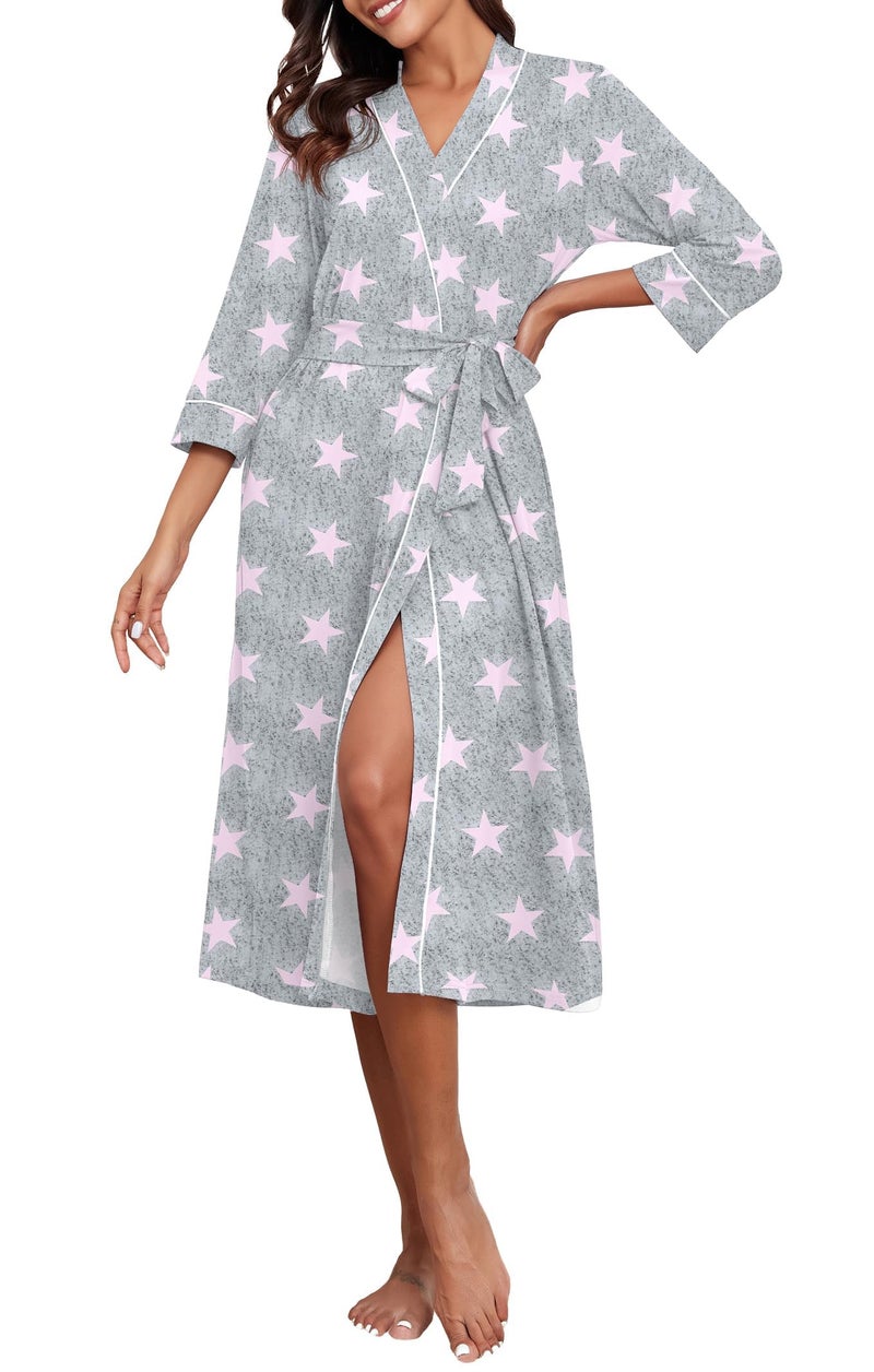 PrinStory Womens Robe Long Kint Bathrobe Lightweight Soft Robes Ladies Bath Robe Pink Star-M - Image 2