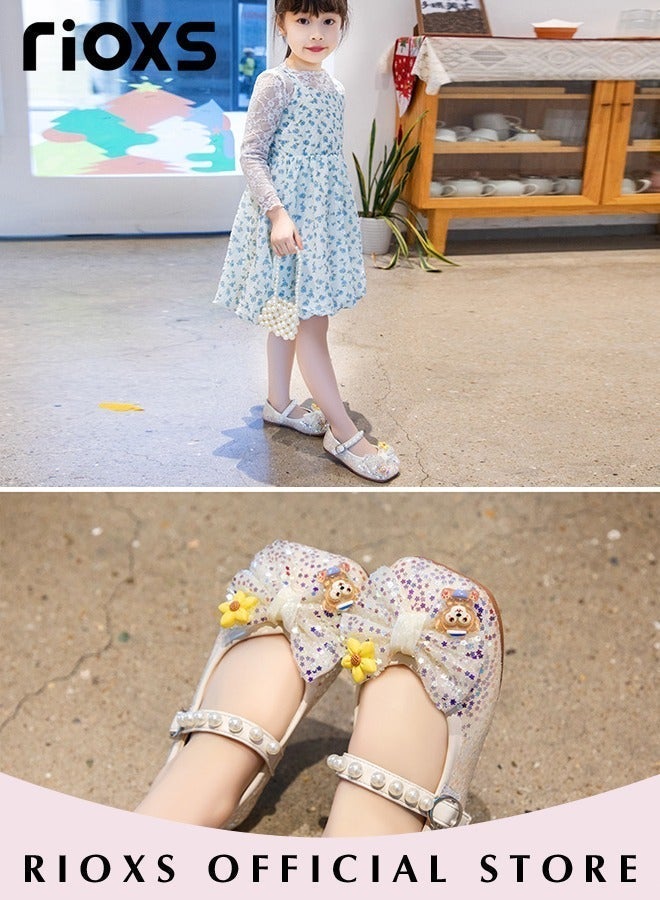 RIOXS Girls Princess Shoes Mary Jane Dance Flats Low Heel Soft Sole Shoes With Bowknot - Image 1