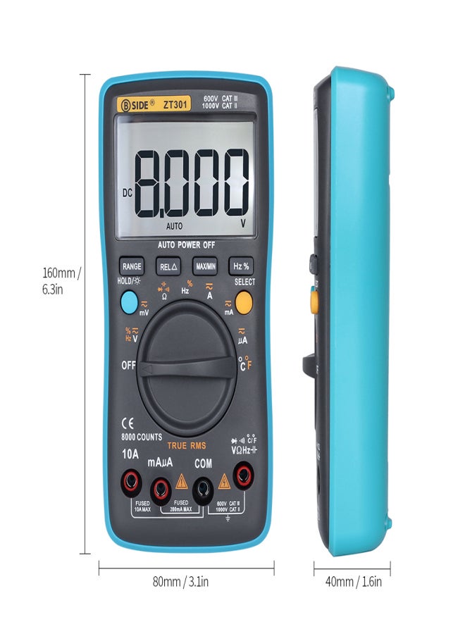 بي سايد جهاز قياس متعدد رقمي من BSIDE، 8000 عداد، مقياس التيار الكهربائي المحمول ZT301، مقياس الأمبير، أوم، السعة، جهاز اختبار درجة الحرارة، نطاق تلقائي/يدوي، جهاز تشخيصي للاختبار الكهربائي، مع إضاءة خلفية RMS حقيقية، شاشة LCD كبيرة - Image 2
