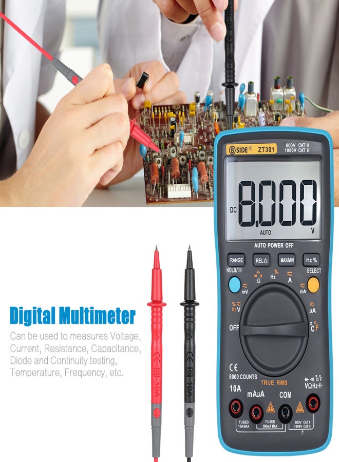 بي سايد جهاز قياس متعدد رقمي من BSIDE، 8000 عداد، مقياس التيار الكهربائي المحمول ZT301، مقياس الأمبير، أوم، السعة، جهاز اختبار درجة الحرارة، نطاق تلقائي/يدوي، جهاز تشخيصي للاختبار الكهربائي، مع إضاءة خلفية RMS حقيقية، شاشة LCD كبيرة - Image 3