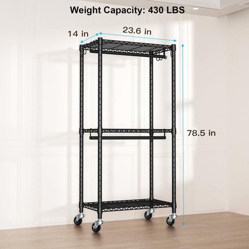 FUTASSI P3 Mini Rolling Clothes Rack, Clothing Racks for Hanging Clothes, Heavy Duty Garment Rack with Wheels, Freestanding Portable Closet Rack 23.6'' W x 14'' D x 78.5'' H, Max Load 430 Lbs, Black - Image 4