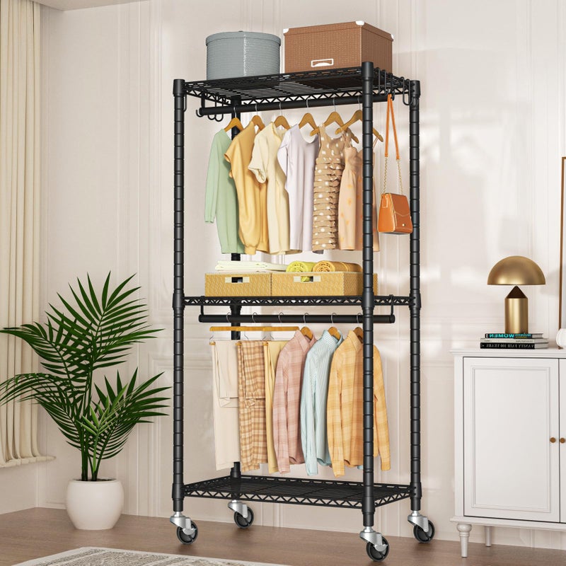 FUTASSI P3 Mini Rolling Clothes Rack, Clothing Racks for Hanging Clothes, Heavy Duty Garment Rack with Wheels, Freestanding Portable Closet Rack 23.6'' W x 14'' D x 78.5'' H, Max Load 430 Lbs, Black - Image 2