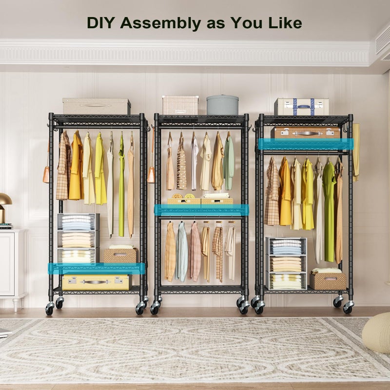 FUTASSI P3 Mini Rolling Clothes Rack, Clothing Racks for Hanging Clothes, Heavy Duty Garment Rack with Wheels, Freestanding Portable Closet Rack 23.6'' W x 14'' D x 78.5'' H, Max Load 430 Lbs, Black - Image 5
