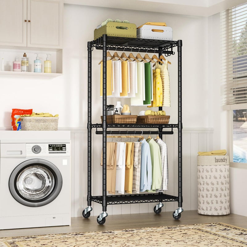 FUTASSI P3 Mini Rolling Clothes Rack, Clothing Racks for Hanging Clothes, Heavy Duty Garment Rack with Wheels, Freestanding Portable Closet Rack 23.6'' W x 14'' D x 78.5'' H, Max Load 430 Lbs, Black - Image 3
