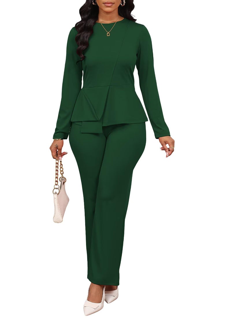 Aro Lora Women 2 Piece Outfits Casual Long Sleeve Irregular Hem Slit Top Pant Set Dressy Pantsuits Large Green - Image 1