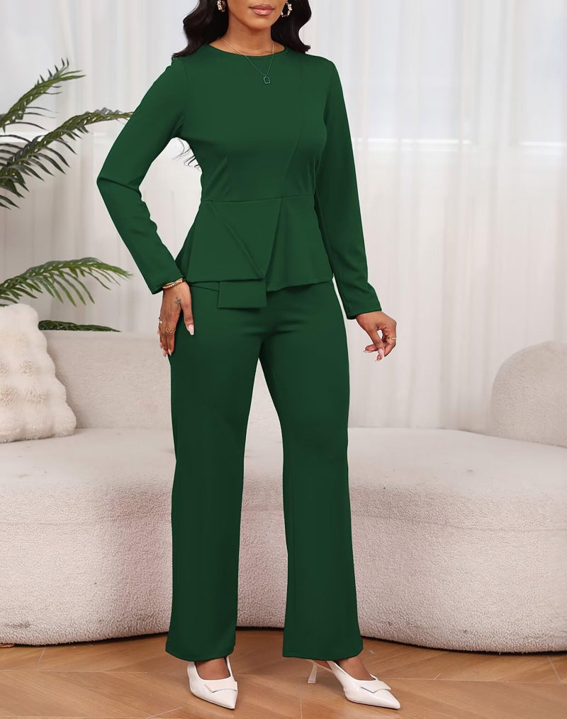 Aro Lora Women 2 Piece Outfits Casual Long Sleeve Irregular Hem Slit Top Pant Set Dressy Pantsuits Large Green - Image 3