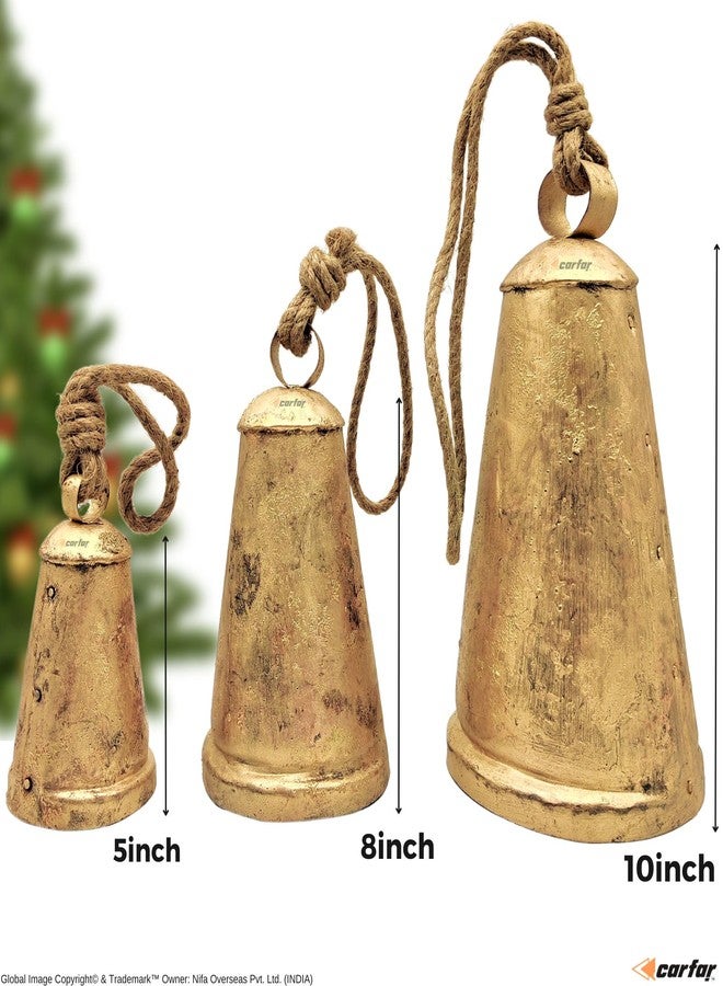 Carfar Shabby Chic Set of 3 Country Rustic Style Cone Bells Handmade Metal Harmony Christmas Hanging Decorative Cow Bells Set (3, Extra Large) - Image 2