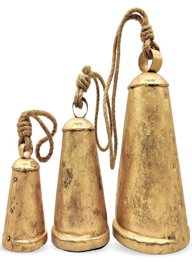 Carfar Shabby Chic Set of 3 Country Rustic Style Cone Bells Handmade Metal Harmony Christmas Hanging Decorative Cow Bells Set (3, Extra Large) - Image 1