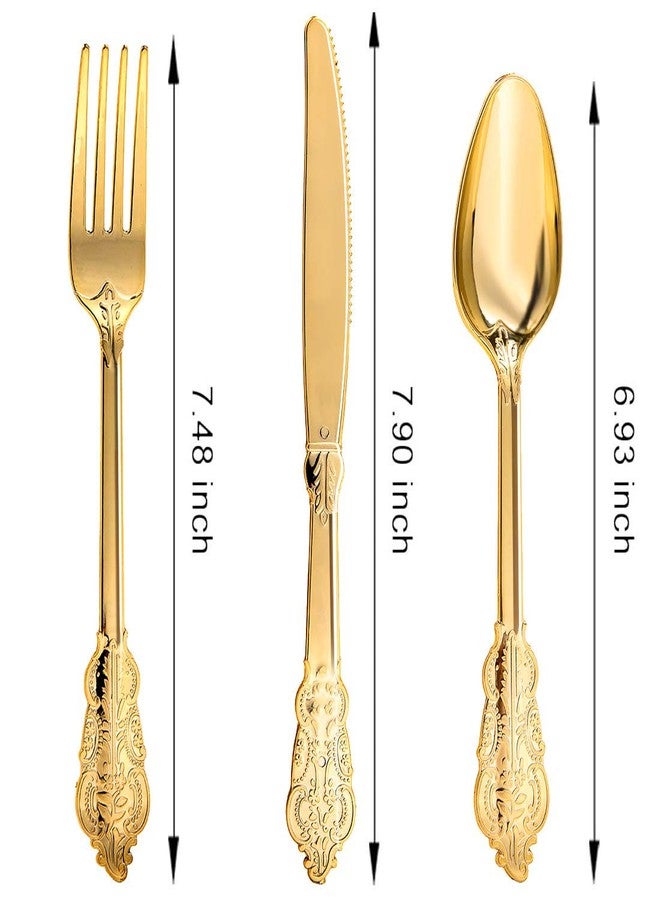 N9R 300pcs Gold Plastic Silverware Dinnerware Flatware- Heavyweight Plastic Cutlery Set, 100 Forks, 100 Spoons, 100 Knives, Gold Utensils for Party, Thanksgiving, Christmas - Image 2