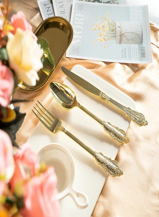N9R 300pcs Gold Plastic Silverware Dinnerware Flatware- Heavyweight Plastic Cutlery Set, 100 Forks, 100 Spoons, 100 Knives, Gold Utensils for Party, Thanksgiving, Christmas - Image 4