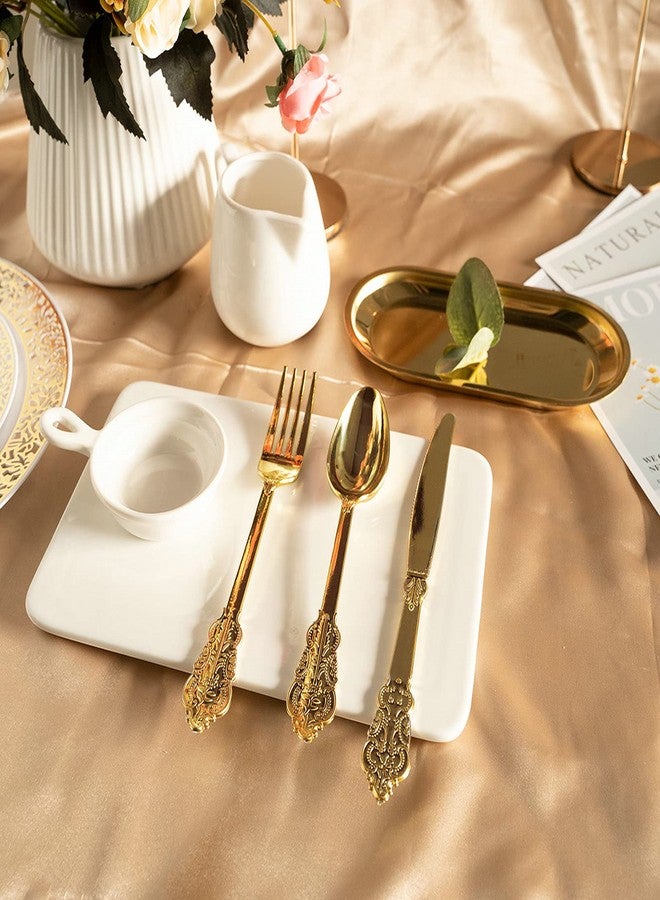 N9R 300pcs Gold Plastic Silverware Dinnerware Flatware- Heavyweight Plastic Cutlery Set, 100 Forks, 100 Spoons, 100 Knives, Gold Utensils for Party, Thanksgiving, Christmas - Image 3