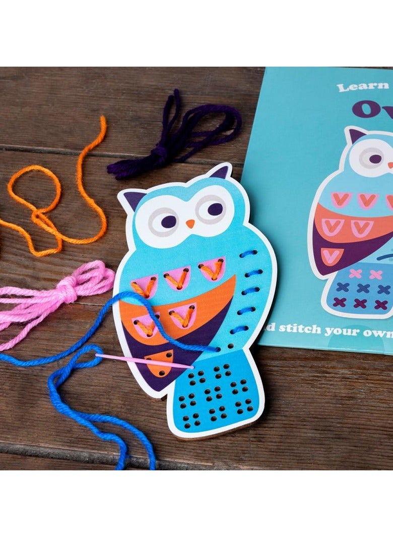 Rex London OWL | Learn to Sew Wooden Hand-Stitch Kit for Kids – Montessori Educational Craft Toy with Pre-Punched Holes, Colorful Threads & Needle – DIY Sewing Toy for Fine Motor Skills, Focus & Creativity - Image 1