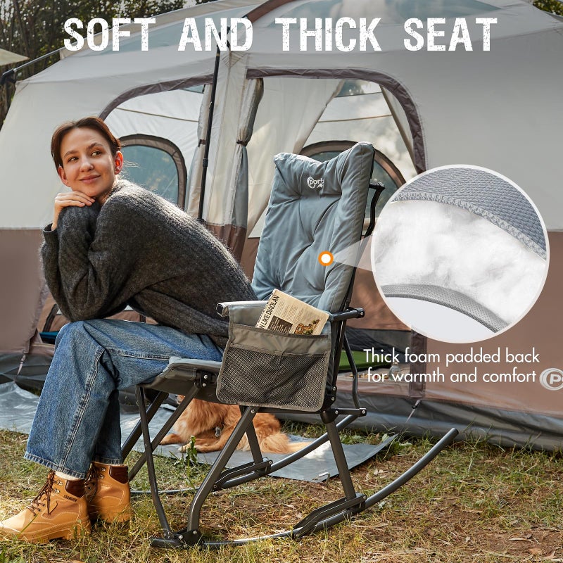 Portal Folding Rocking Camping Chair Outdoor, Thick Padded Rocking Recliner Chair Portable Camping Rocker for Patio Front Porch Backyard Lawn Living Room, Supports 400 LBS, Grey - Image 2