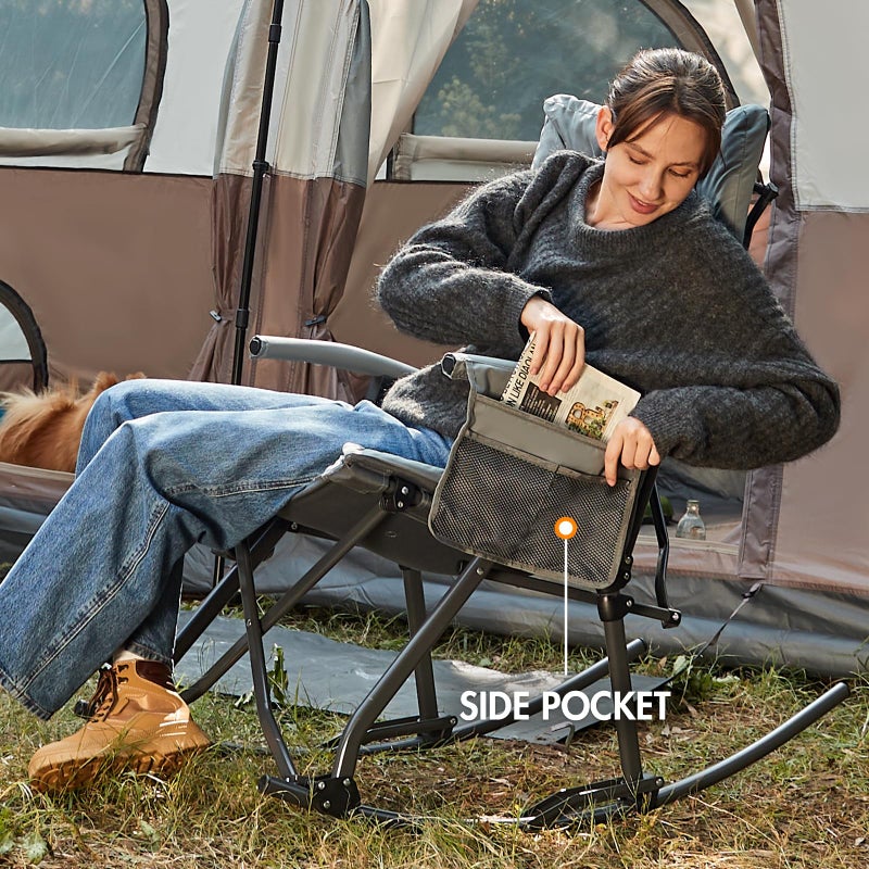 Portal Folding Rocking Camping Chair Outdoor, Thick Padded Rocking Recliner Chair Portable Camping Rocker for Patio Front Porch Backyard Lawn Living Room, Supports 400 LBS, Grey - Image 3