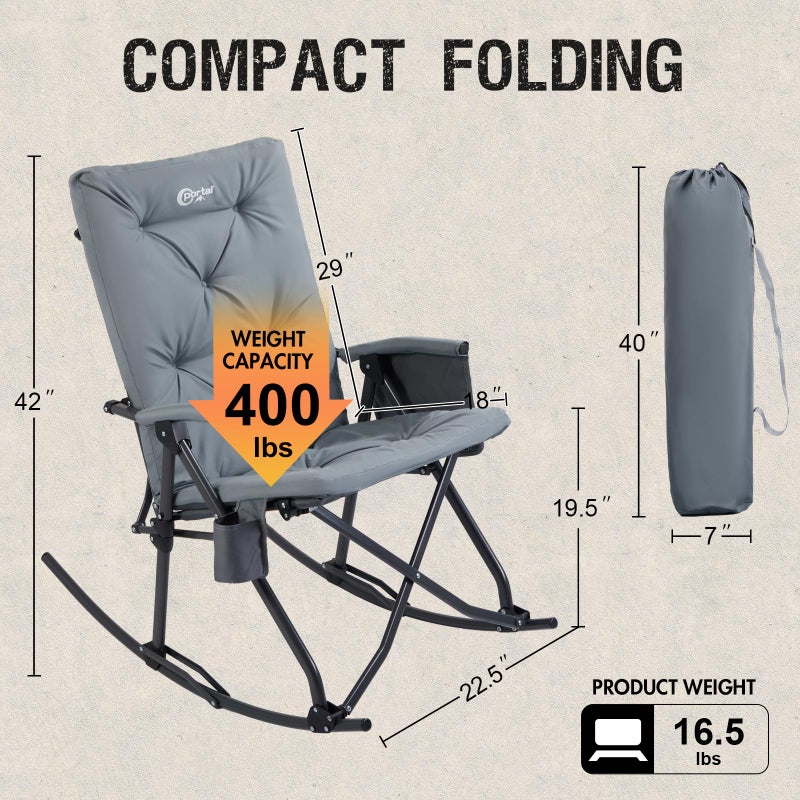 Portal Folding Rocking Camping Chair Outdoor, Thick Padded Rocking Recliner Chair Portable Camping Rocker for Patio Front Porch Backyard Lawn Living Room, Supports 400 LBS, Grey - Image 5