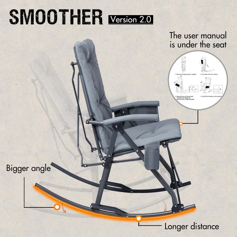 Portal Folding Rocking Camping Chair Outdoor, Thick Padded Rocking Recliner Chair Portable Camping Rocker for Patio Front Porch Backyard Lawn Living Room, Supports 400 LBS, Grey - Image 4