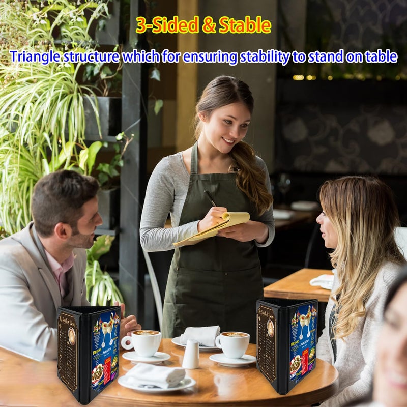 ONLVAN 5x7 Inch Table Tent Leather Menu Holder Sign Display Black Menu Covers for Cafes Bars Restaurant 3 sided triangle shape table tent 1 pack - Image 2