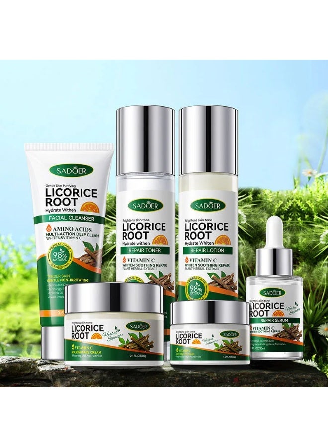 Herbal SADOER Licorice Root Vitamin C Facial Care Set, 6-in-1 Skin Brightening Kit for Hydration, Whitening, Radiance and Repair, Natural Botanical Formula for Soft Glow, Even Tone, Anti-Aging, Daily Moisturizing and Smooth Complexion