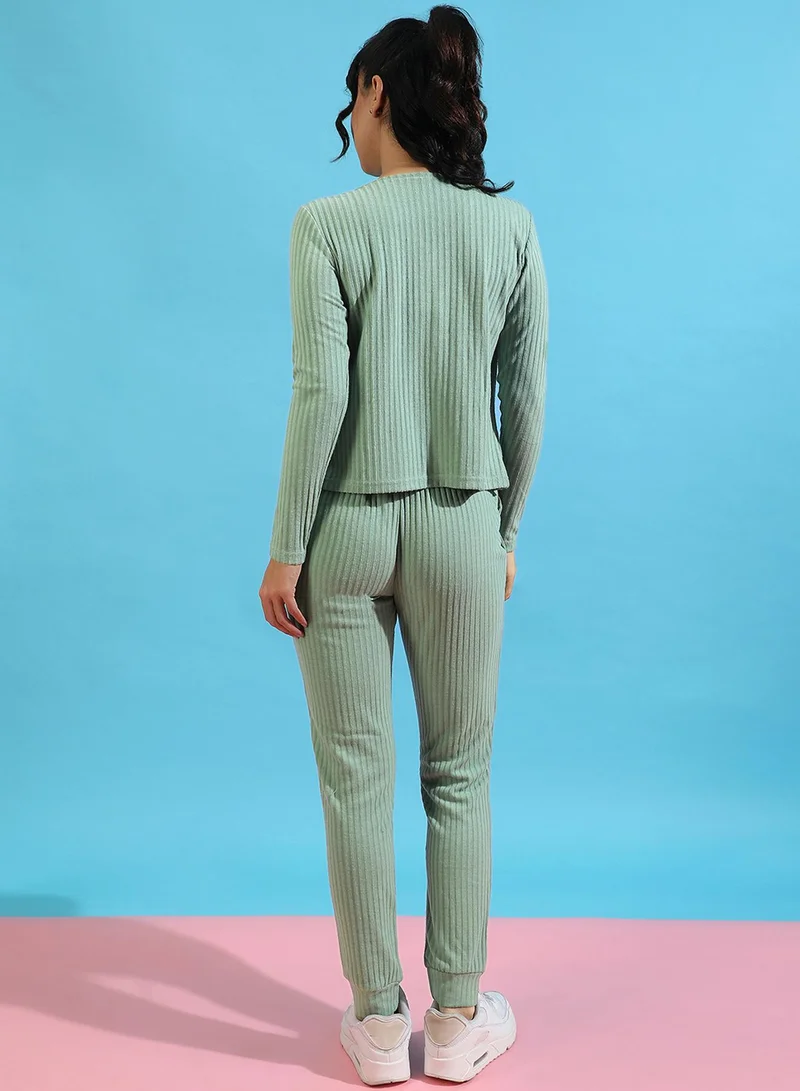 Pinacolada  Women's Sage Green Ribbed Co-Ord Set for Women | Best Price UAE