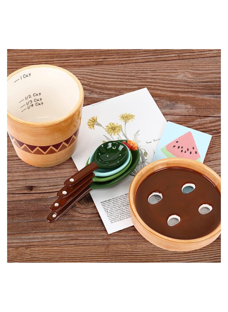 Generic - Cactus Ceramic Measuring Spoons Set, Cute Baking Measuring Spoons and Cups with Holder and Spoon Rest for Milk Powder Sugar Salt Wet Dry Ingredients - Image 1