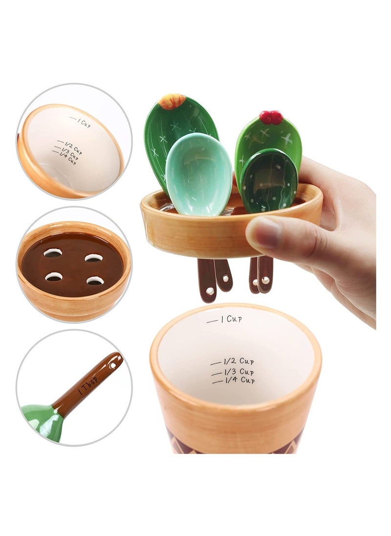 Generic - Cactus Ceramic Measuring Spoons Set, Cute Baking Measuring Spoons and Cups with Holder and Spoon Rest for Milk Powder Sugar Salt Wet Dry Ingredients - Image 1