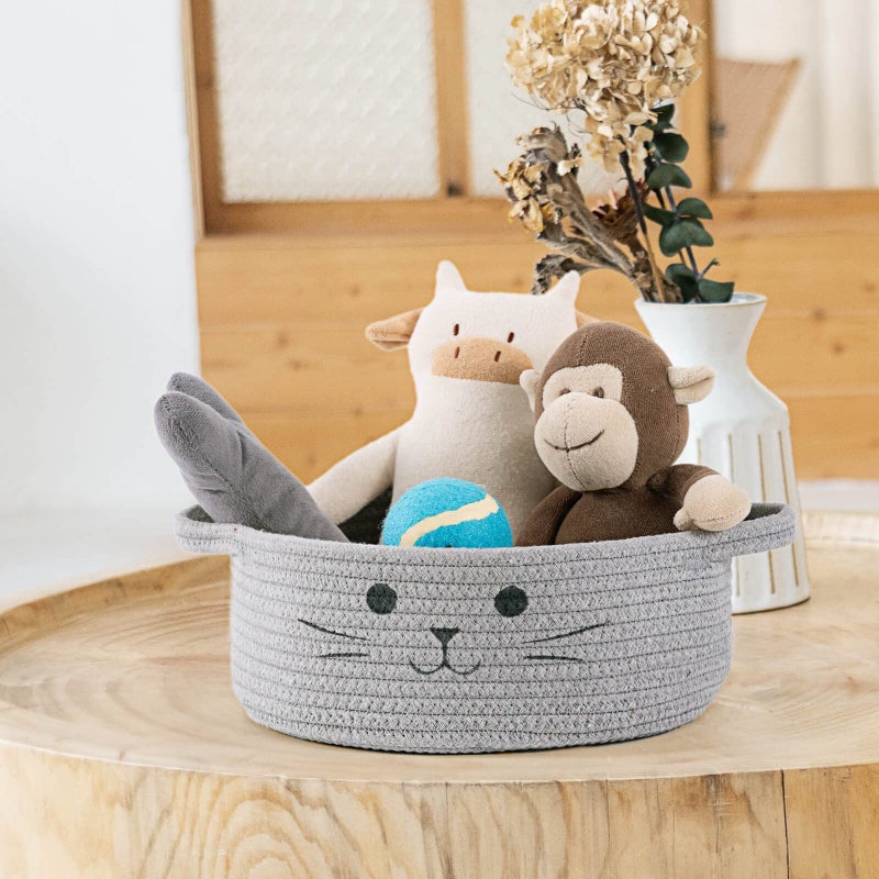Hichen Small Woven Rope Storage Basket  Cute Cat Toy Basket For Living Room  Baby Basket For Nursery  Gift Basket Empty For Baby Shower  Grey  9.8 X 4 Inches - Image 5