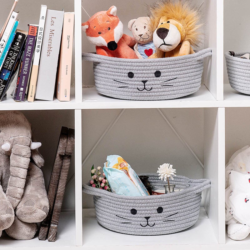 Hichen Small Woven Rope Storage Basket  Cute Cat Toy Basket For Living Room  Baby Basket For Nursery  Gift Basket Empty For Baby Shower  Grey  9.8 X 4 Inches - Image 4