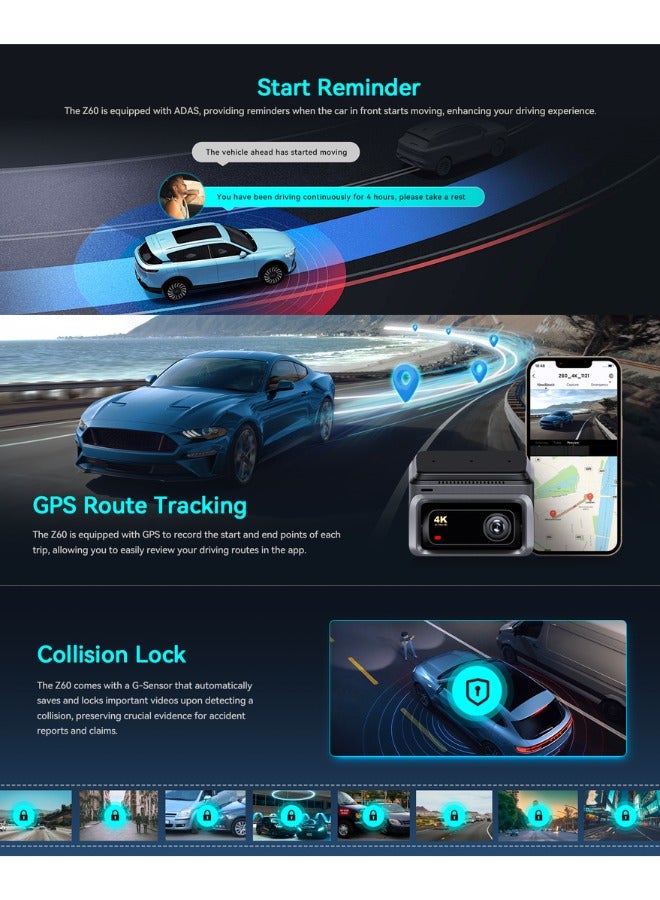 ddpai Dash Cam Car 4K Front and Back, 2160P+1080P Dashcam, up to 15MB/s 5GHz WiFi6 Car Dash Camera, 3" IPS with 32G eMMC, GPS, Night Vision, 24H Parking Monitor, ADAS, G-Sensor Max Support 512G, Z60 - Image 5