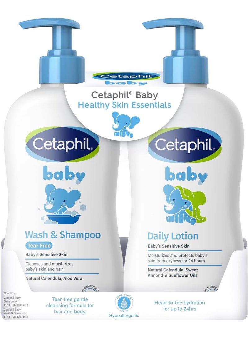 Cetaphil Baby Wash & Shampoo Plus Body Lotion, Healthy Skin Essentials, Head to Toe Hydration for up to 24 Hours, for Delicate, Sensitive Skin, 2 Count (Pack of 1) - Image 1
