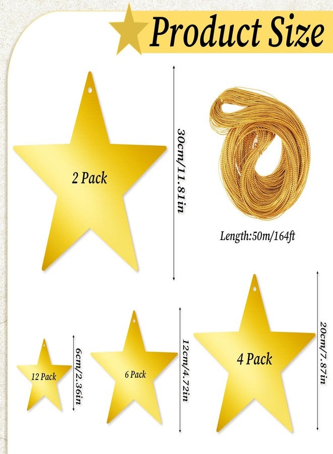 Ajcotahm 24Pcs Gold Hanging Stars Decorations, Glitter Star Cutouts with 55 Yard Gold Nylon String Double Sided Star Cardboard for Wedding Birthday Party Graduation Classroom Home Wall Ceiling Decor (4 Size) - Image 2