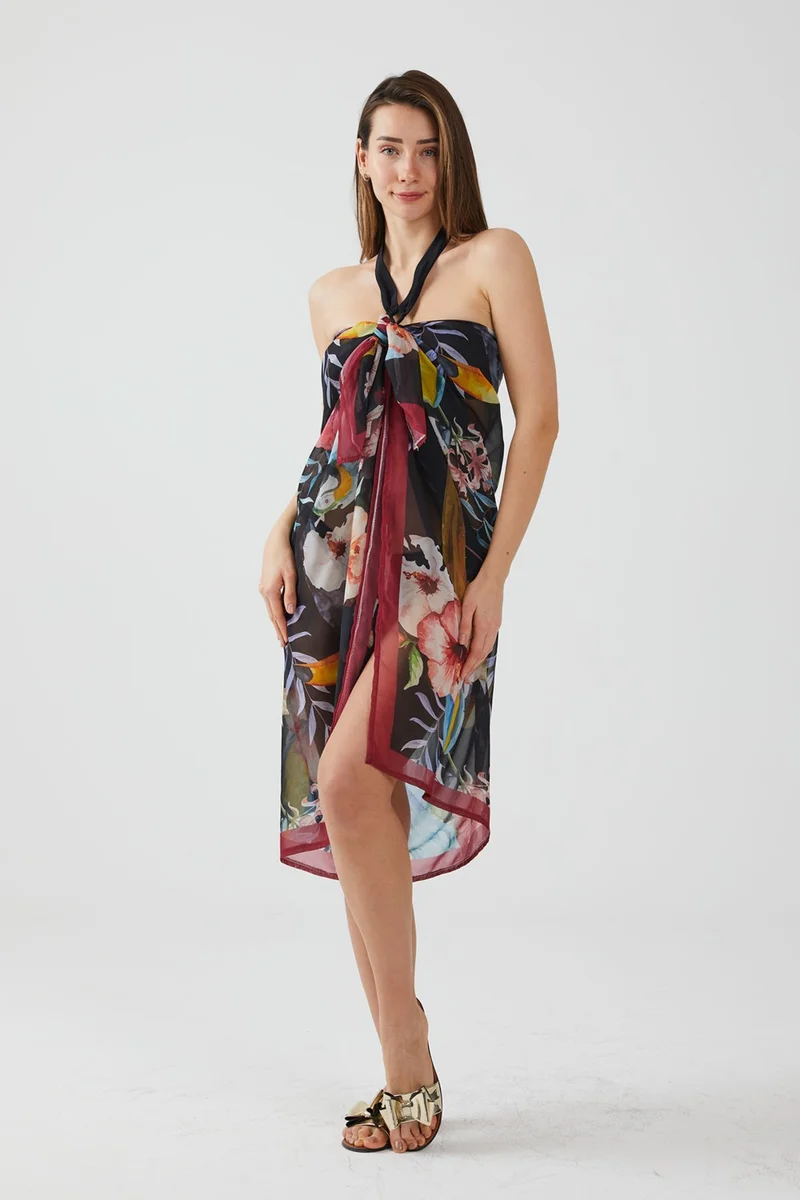 ايس هوم Fashion Tropical Pattern Claret Red Pareo Beach Dress