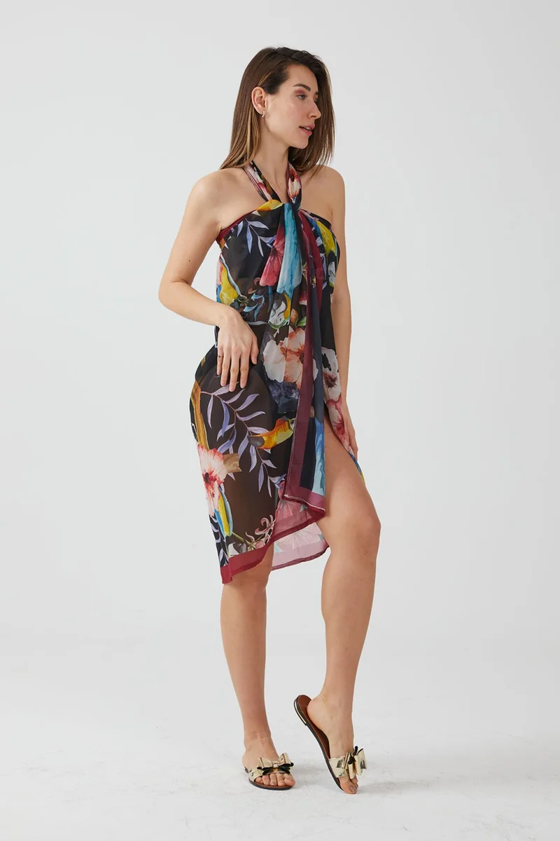 ايس هوم Fashion Tropical Pattern Claret Red Pareo Beach Dress