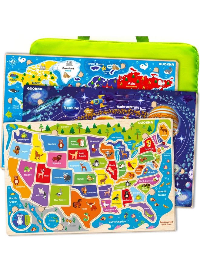 quokka Wooden Puzzles For Kids Ages 3 5 By Quokka 3 Educational Wood Toys For Kids 4 8 Year Old Learning United States Game For 6 8 10 Yo Gift World Space And Usa Maps For Boys And Girls - Image 2