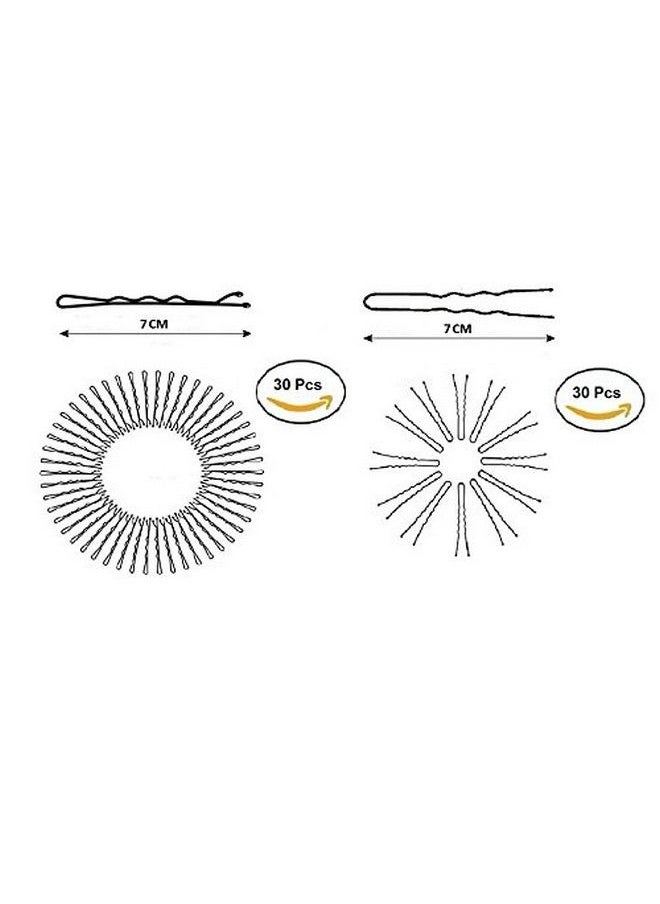 FOK Set Of 60 Pcs Of Hair Pins 30 Pcs (7 Cm) Curved U Shape For Bun Juda And 30 Pcs (7 Cm) Of Curve Bob Bobby Hair Pins Or Clips Barrette Styling Tools Accessories For Girls & Women Black  - Image 2