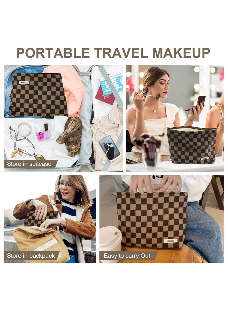 KASTWAVE Women Checkered Corduroy Makeup Bag, Large Capacity Make Up Organizer Bag Zipper Pouch, Travel Toiletry Bag for Women and Girls, Dark Brown - Image 5