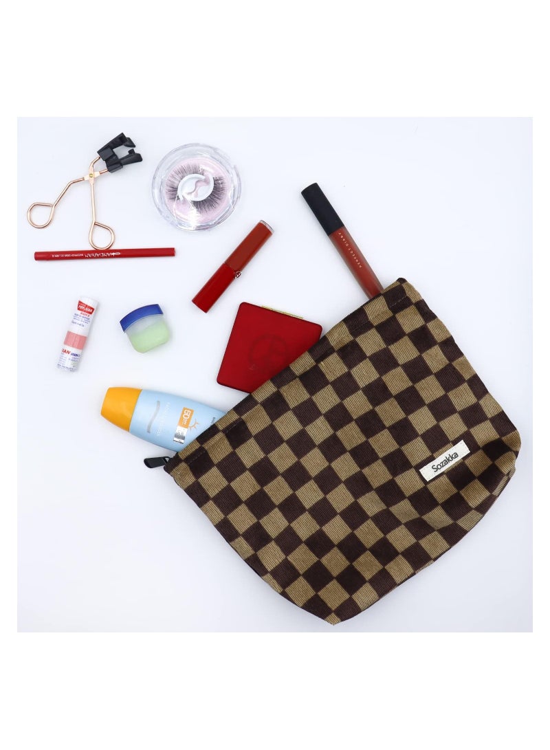 KASTWAVE Women Checkered Corduroy Makeup Bag, Large Capacity Make Up Organizer Bag Zipper Pouch, Travel Toiletry Bag for Women and Girls, Dark Brown - Image 3