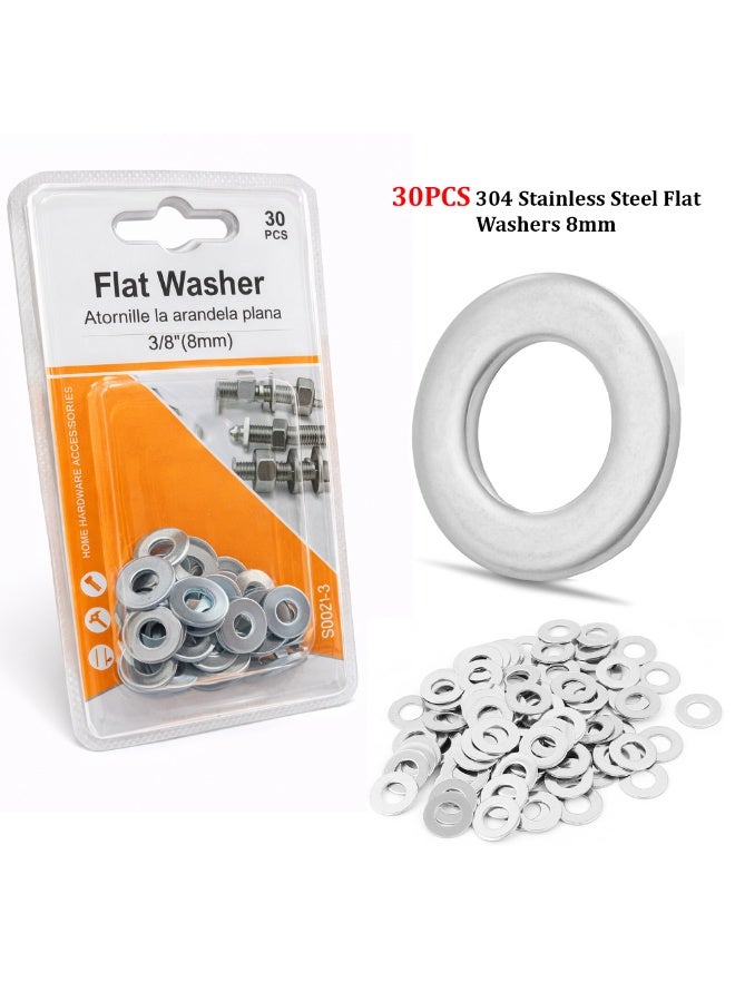 30PCS 304 Stainless Steel Flat Washers 8mm – Heavy Duty Metal Washer Set for Bolts and Screws, Ideal for Home Repair, Construction, Kitchen and Outdoor Projects - Image 1