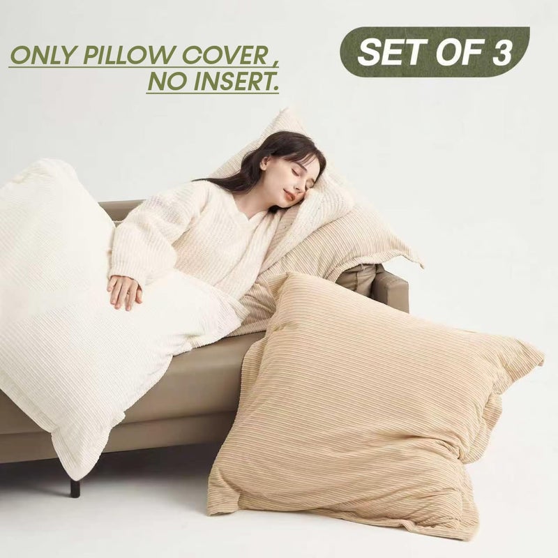 COCO TOP Set of 3 Oversized Throw Pillow Cover 26x26inch,Super Soft Striped Corduroy Neutral Earth Tones Pillow Cases for Bedroom,Living Room, Sofa Lounges,Girl Roomï¼ˆCamel, Beige & Pure Whiteï¼‰ - Image 2