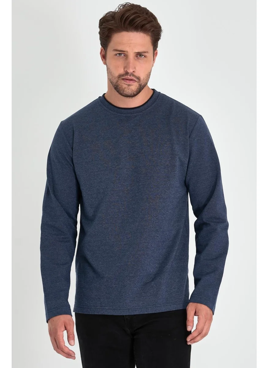 mmetalic Men's Indigo Double Crew Neck Standard Relaxed Cut Sweatshirt