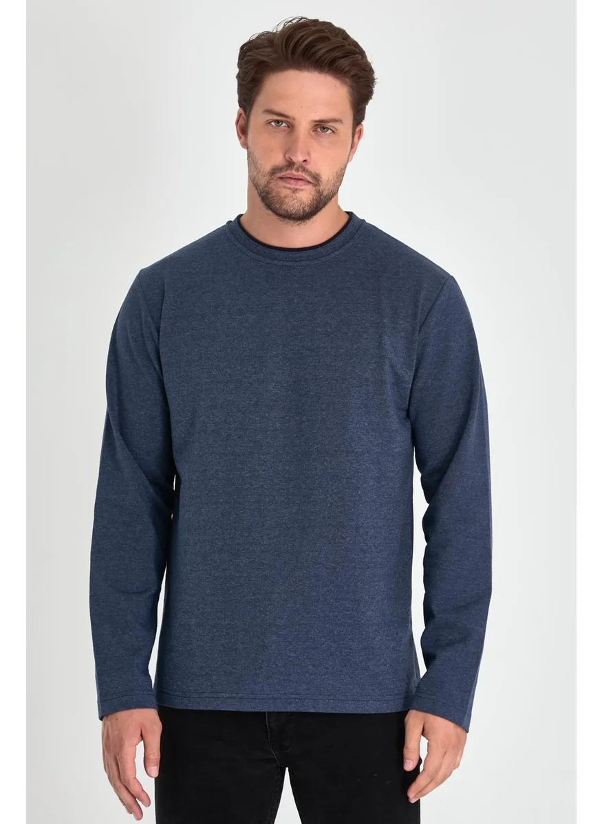 mmetalic Men's Indigo Double Crew Neck Standard Relaxed Cut Sweatshirt