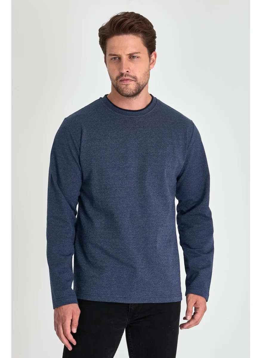 mmetalic Men's Indigo Double Crew Neck Standard Relaxed Cut Sweatshirt