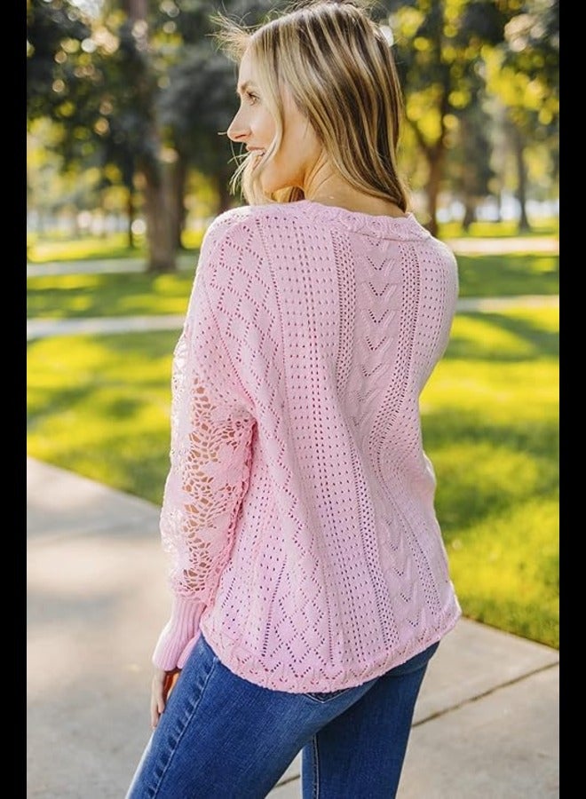 ALVA Women Lace Crochet Long Sleeve Crewneck Sweaters Winter Knit Pullover Jumper Tops, A Pink, S  - Image 3