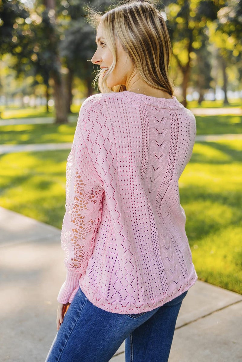 ALVA Women Lace Crochet Long Sleeve Crewneck Sweaters Winter Knit Pullover Jumper Tops, A Pink, S  - Image 2
