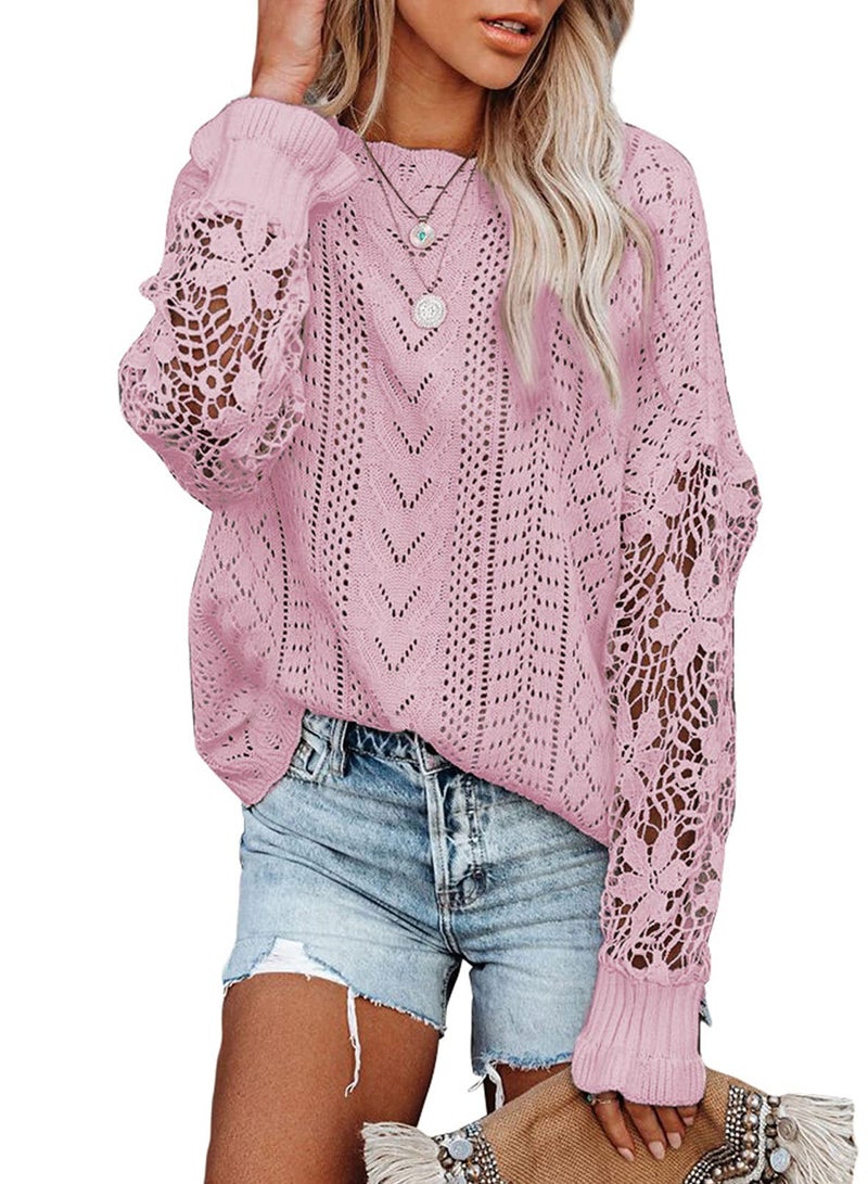ALVA Women Lace Crochet Long Sleeve Crewneck Sweaters Winter Knit Pullover Jumper Tops, A Pink, S  - Image 1