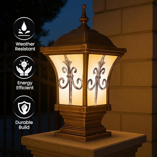 GIGAWATTS ‎TRISHUL Outdoor Gate Light – 101% Rust & Waterproof Die-Casting Aluminium Exterior Piller Lamp Base Mount for Garden, Boundary Walls & Home Entrances (B22 Holder, Bulb Not Included, Gold) - Image 5